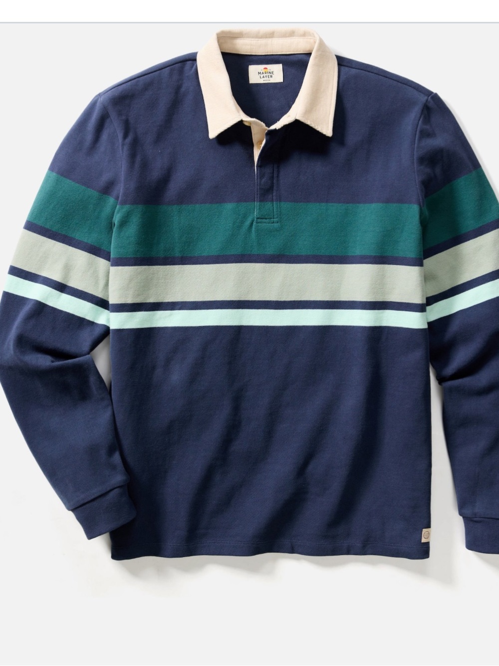 Marine Layer Rugby Polo Shirt Blue Striped Cotton Long Sleeve Casual Men’s Large - Picture 4 of 14